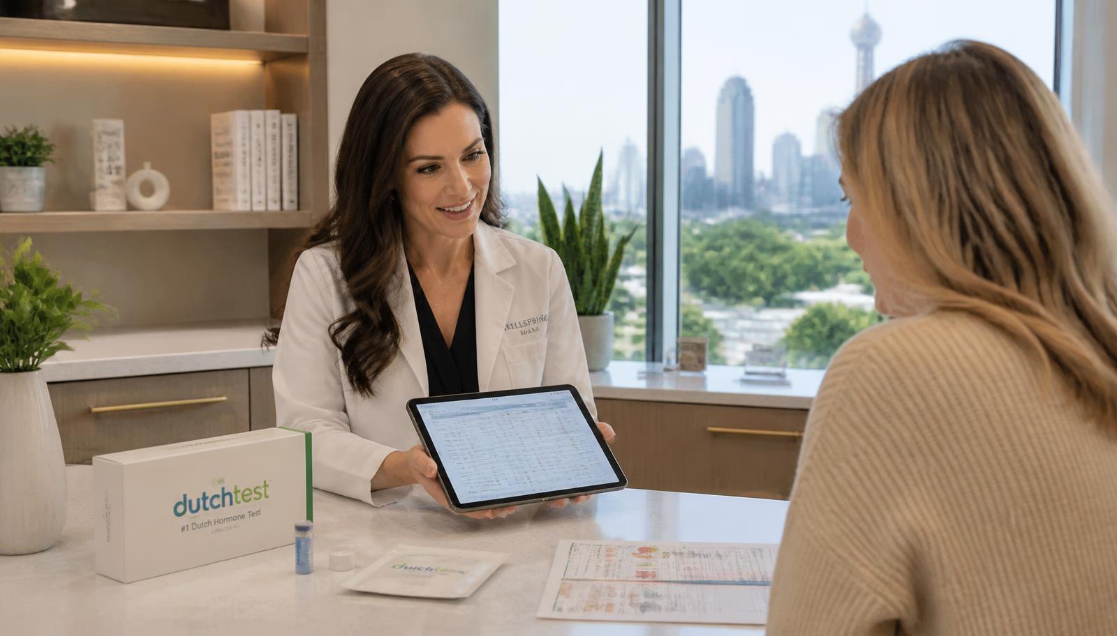 Functional medicine practitioner reviewing DUTCH hormone testing lab results with a patient at a Dallas wellness clinic