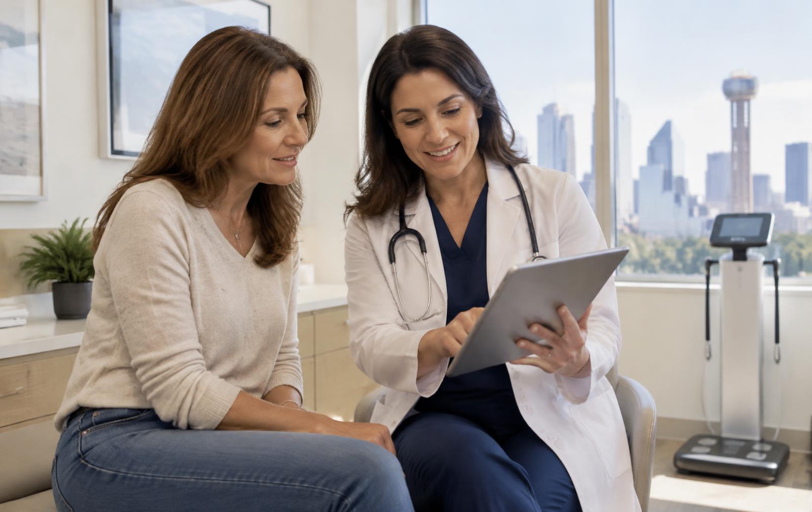 Physician reviewing a body composition report on a tablet with a woman in her 40s in a bright Dallas clinic office