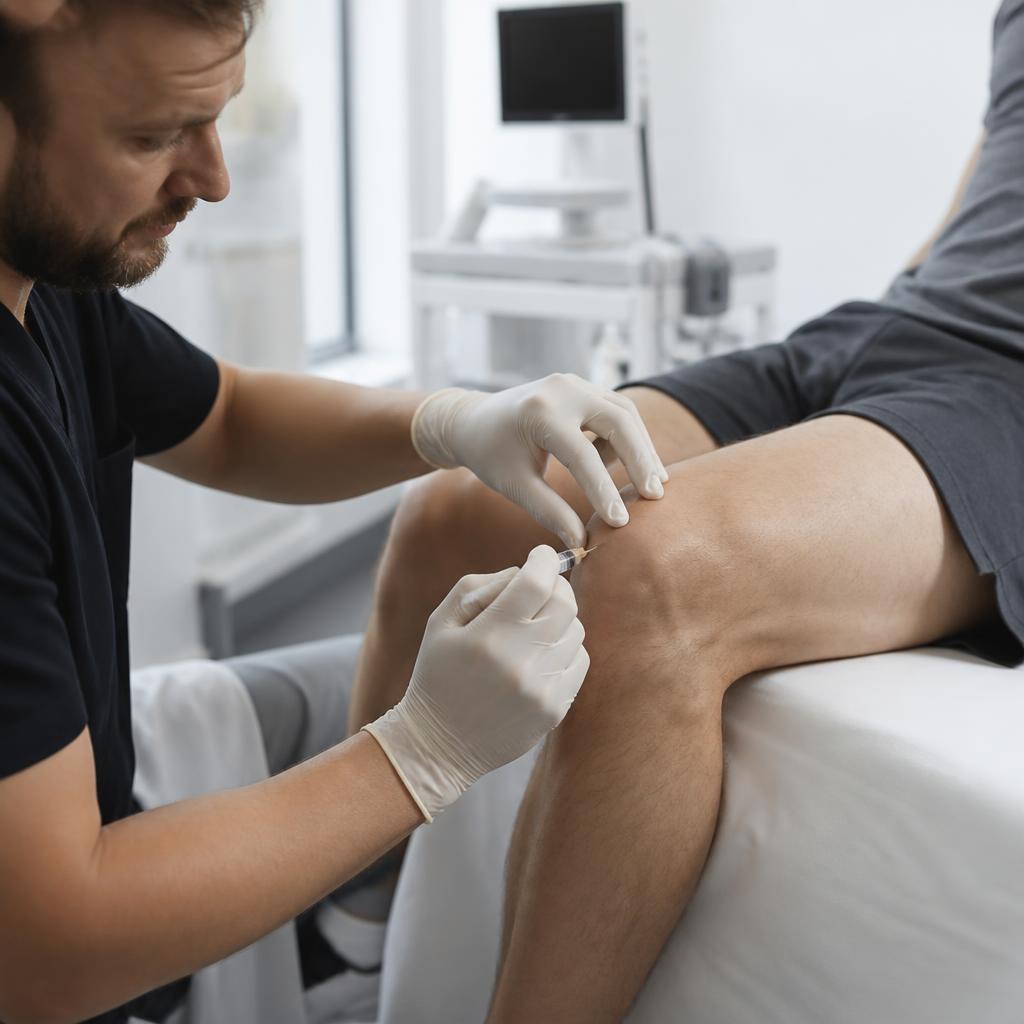 Physician administering a regenerative medicine injection to a patient's knee in a modern Dallas clinic