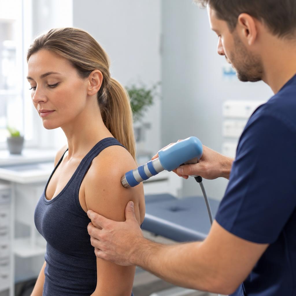 Clinician applying shockwave therapy to a patient's shoulder in a modern Dallas physical medicine clinic