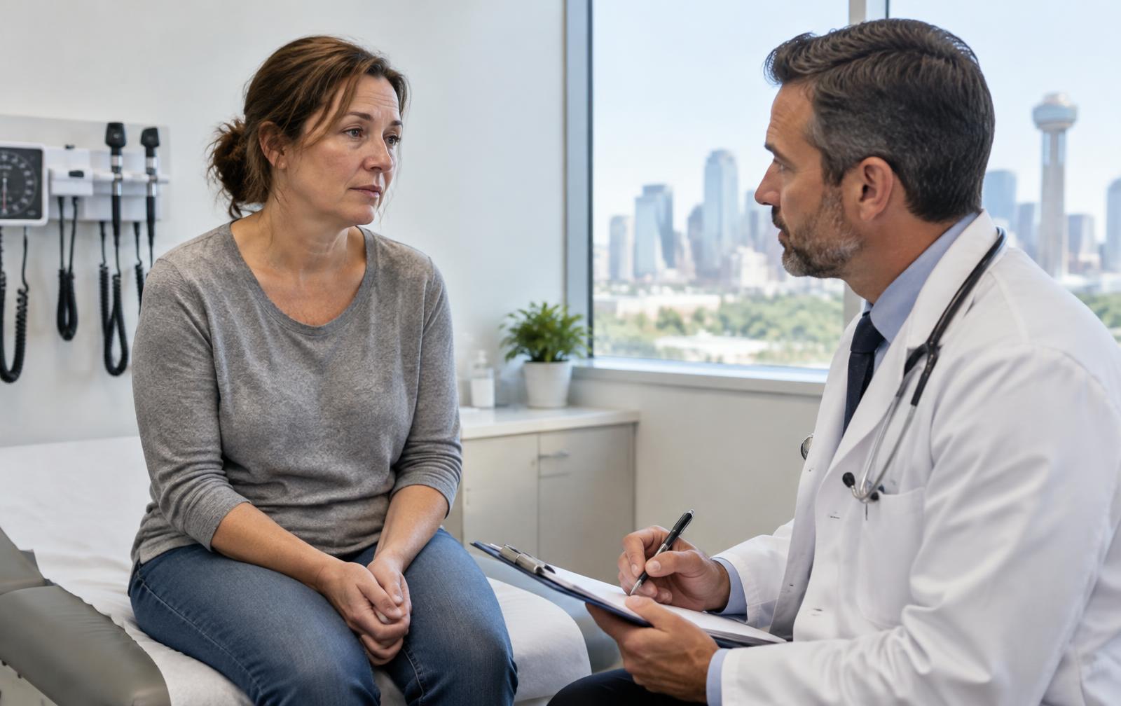 Middle-aged woman describing fatigue and sleep problems to a physician in a white coat during a hormone consultation at a bright Dallas clinic