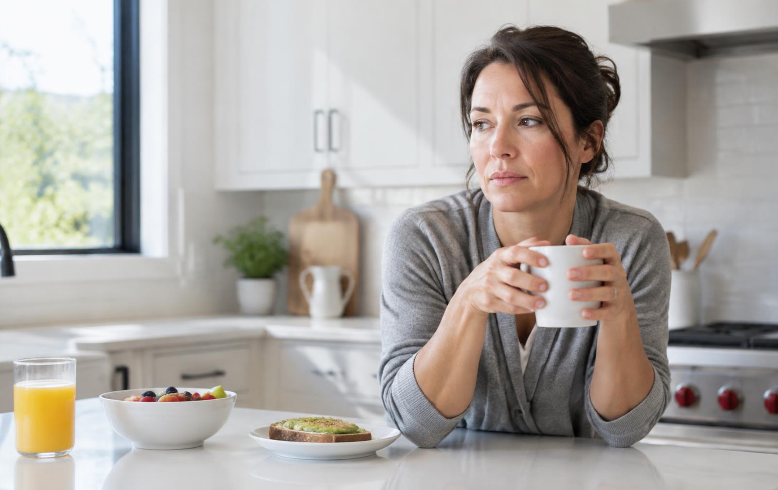 Tired woman holding a coffee mug at a bright kitchen counter in the morning, reflecting low energy linked to hormone imbalance