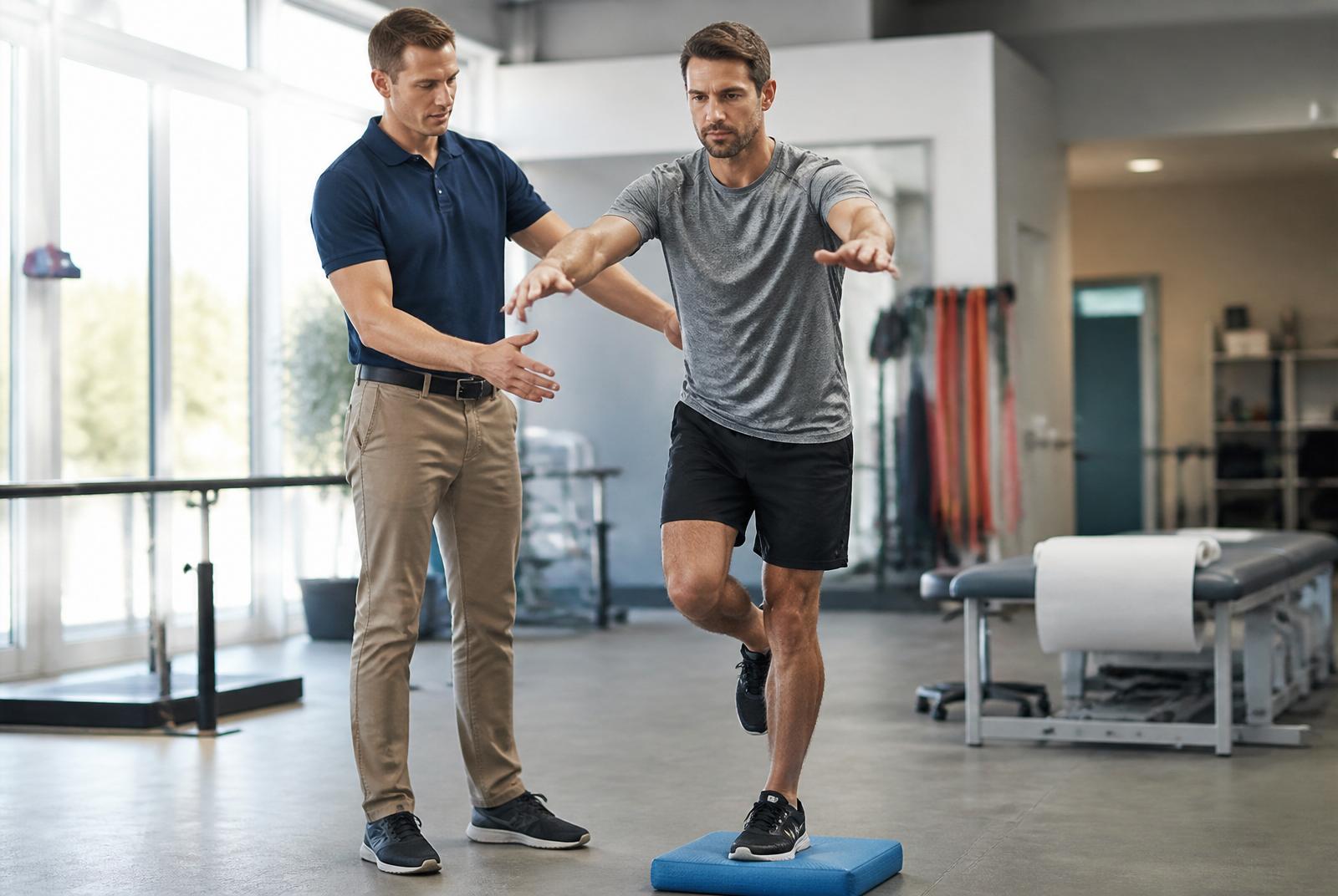 Physical therapist guiding an athlete through a controlled balance and strength rehabilitation exercise in a modern clinic